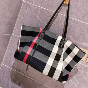 Large Capacity Women Handbag Fashion Stripe Canvas Leather Luxury Female Top Handle Bag Retro New Office Work Lady Shoulder Bag