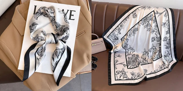 Luxury Floral Print Silk Square Scarf Women Soft Satin Kerchief Hairband Neckerchief Head Hijab Lady Headband Foulard Bag Ribbon