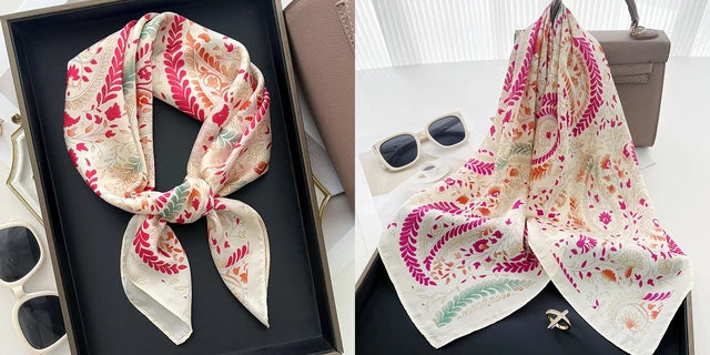 Luxury Floral Print Silk Square Scarf Women Soft Satin Kerchief Hairband Neckerchief Head Hijab Lady Headband Foulard Bag Ribbon