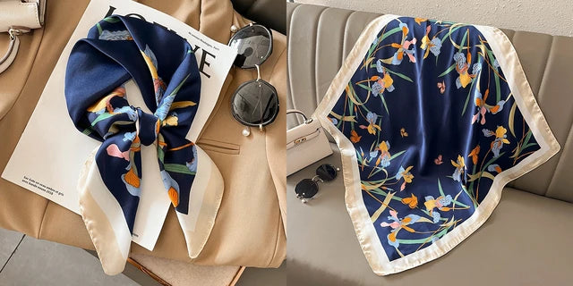 Luxury Floral Print Silk Square Scarf Women Soft Satin Kerchief Hairband Neckerchief Head Hijab Lady Headband Foulard Bag Ribbon