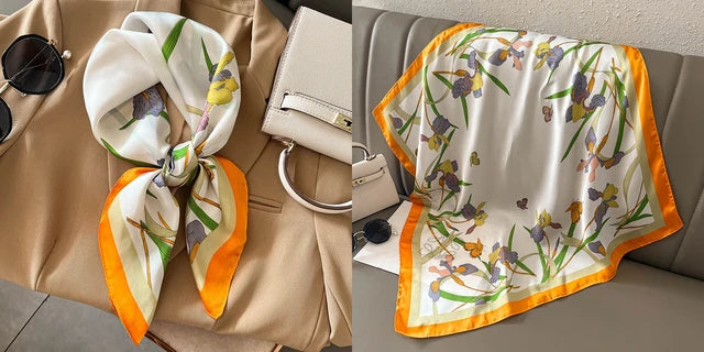 Luxury Floral Print Silk Square Scarf Women Soft Satin Kerchief Hairband Neckerchief Head Hijab Lady Headband Foulard Bag Ribbon