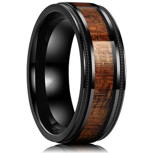 Luxury Jewelry Men's Ring 8mm Black Stainless Steel Wedding Ring Inlay Koa Wood Sawtooth Edge Rings for Men Wedding Band Jewelry