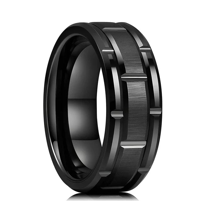 Luxury Jewelry Men's Ring 8mm Black Stainless Steel Wedding Ring Inlay Koa Wood Sawtooth Edge Rings for Men Wedding Band Jewelry