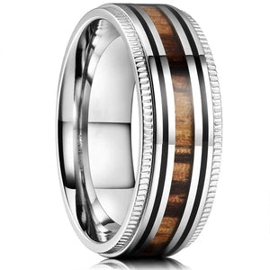 Luxury Jewelry Men's Ring 8mm Black Stainless Steel Wedding Ring Inlay Koa Wood Sawtooth Edge Rings for Men Wedding Band Jewelry