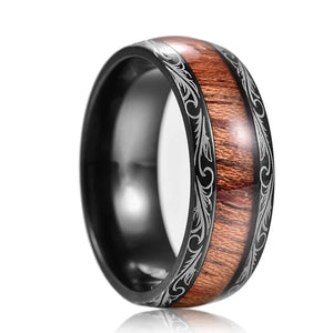 Luxury Jewelry Men's Ring 8mm Black Stainless Steel Wedding Ring Inlay Koa Wood Sawtooth Edge Rings for Men Wedding Band Jewelry