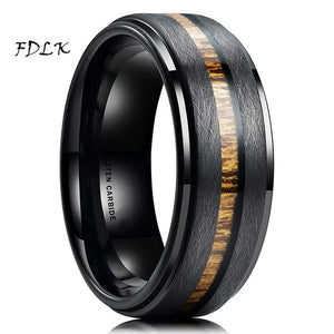 Luxury Jewelry Men's Ring 8mm Black Stainless Steel Wedding Ring Inlay Koa Wood Sawtooth Edge Rings for Men Wedding Band Jewelry