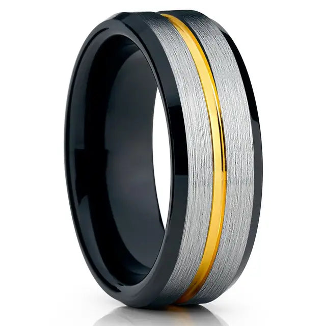 Luxury Jewelry Men's Ring 8mm Black Stainless Steel Wedding Ring Inlay Koa Wood Sawtooth Edge Rings for Men Wedding Band Jewelry