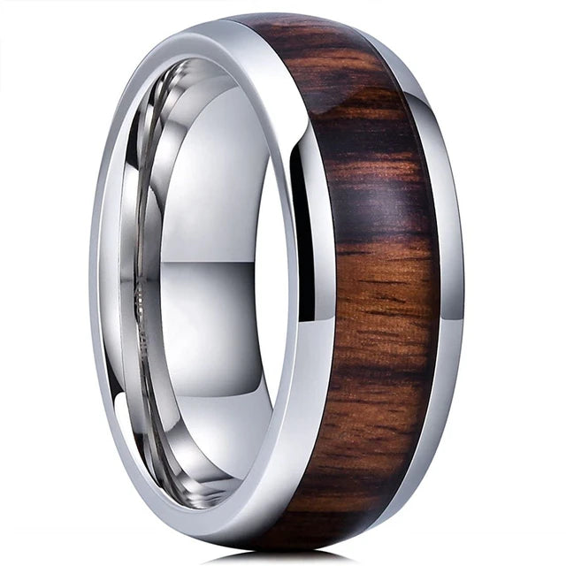 Luxury Jewelry Men's Ring 8mm Black Stainless Steel Wedding Ring Inlay Koa Wood Sawtooth Edge Rings for Men Wedding Band Jewelry