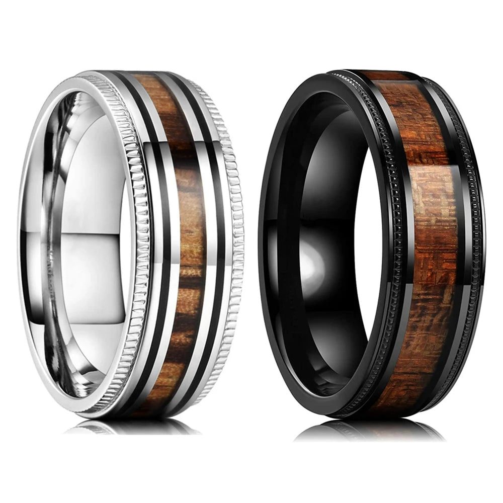 Luxury Jewelry Men's Ring 8mm Black Stainless Steel Wedding Ring Inlay Koa Wood Sawtooth Edge Rings for Men Wedding Band Jewelry