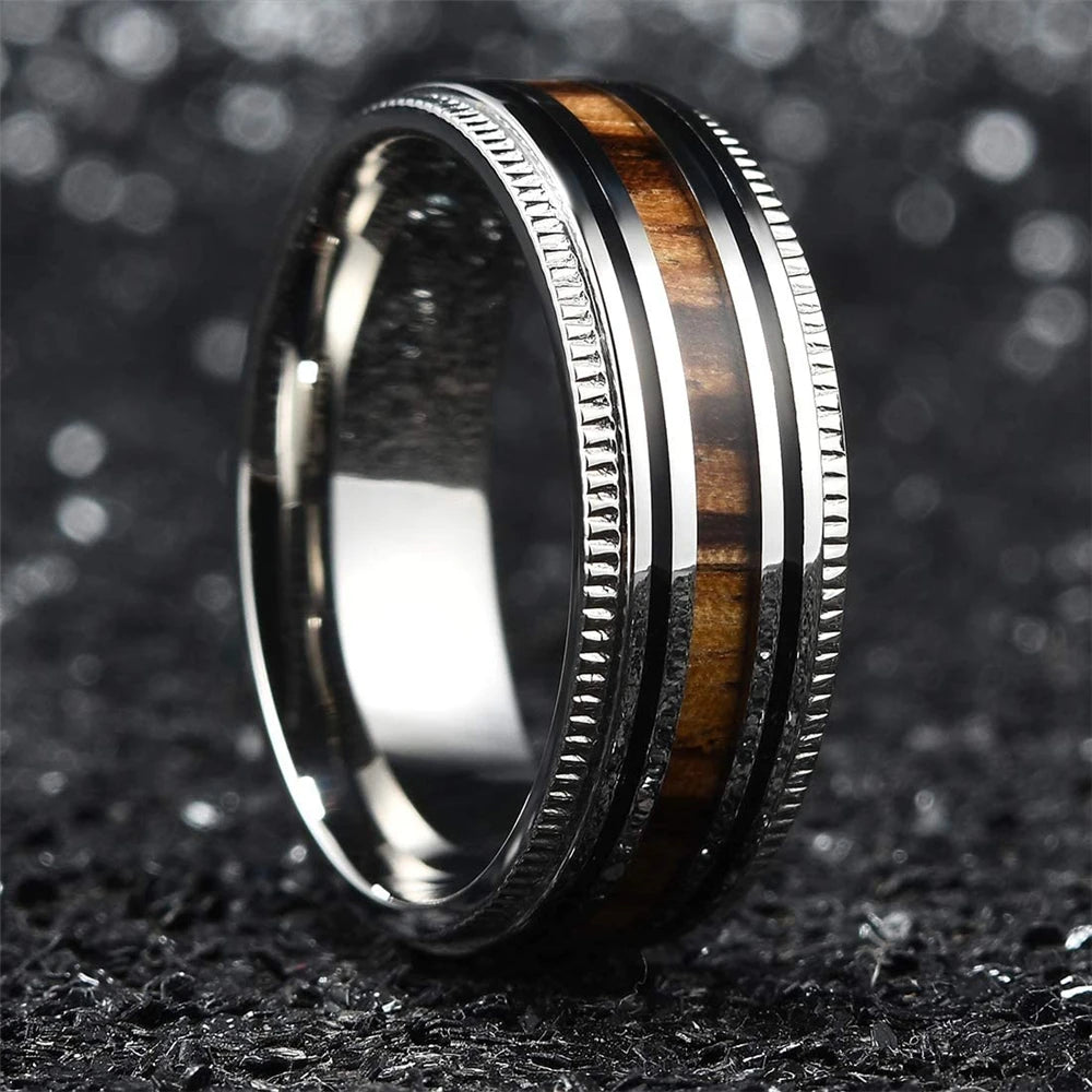 Luxury Jewelry Men's Ring 8mm Black Stainless Steel Wedding Ring Inlay Koa Wood Sawtooth Edge Rings for Men Wedding Band Jewelry