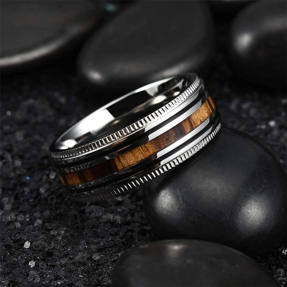 Luxury Jewelry Men's Ring 8mm Black Stainless Steel Wedding Ring Inlay Koa Wood Sawtooth Edge Rings for Men Wedding Band Jewelry