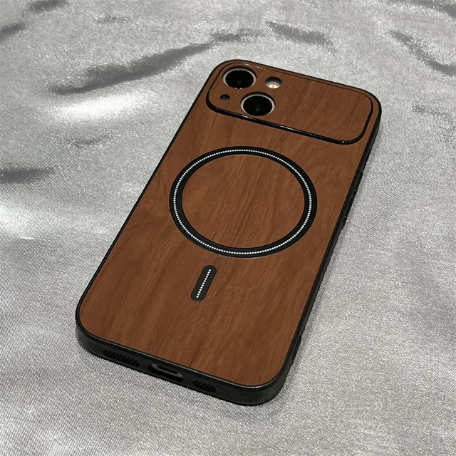 Luxury Wood Grain Magnetic For Magsafe Shockproof Case For iPhone 15 14 Pro Max 13 12 11 Wireless Charging Soft Bumper Cover