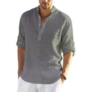 Men Casual Blouse Loose Cotton Linen V Neck Shirt Summer Thin Breathable Long Sleeve Tops Male Solid Color Buttons Shirts