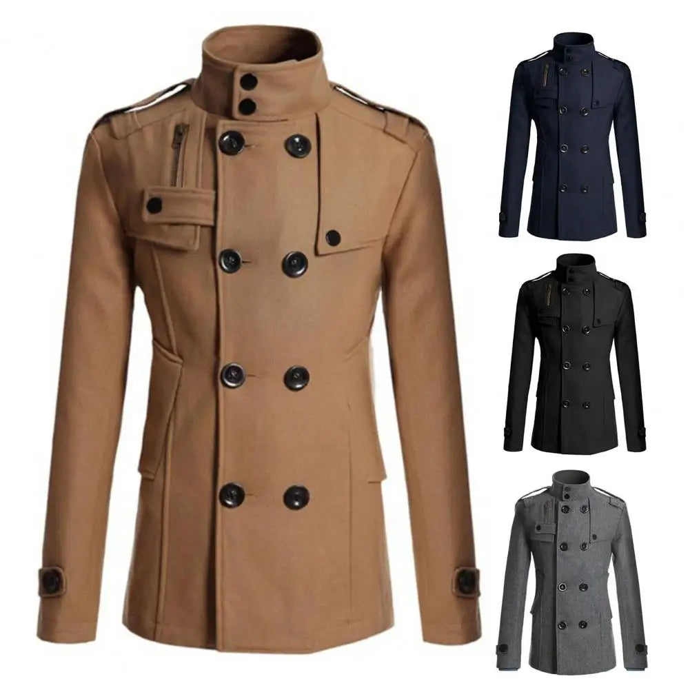 Men Windbreaker Coat Solid Color Double-breasted Wool Overcoat Formal Business Winter Outer Jacket Casual Wear Clothing For Work