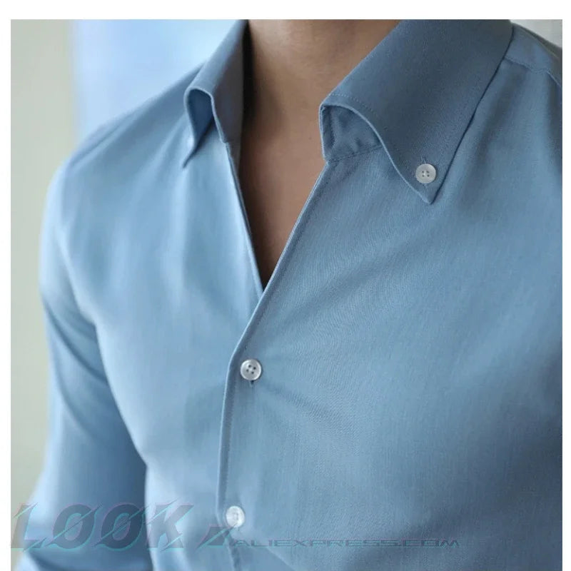 Men's Italian Collar Shirt, Wrinkle-free, Casual, Fashionable, Slim-fit with A Lapel Design, Branded Clothing, Youth, New