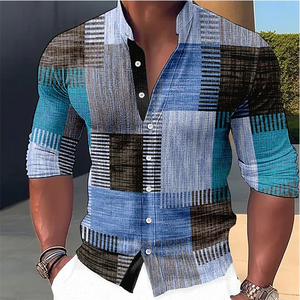 Men's Retro Stitching Shirt Gradient Stand Collar Outdoor Street Long Sleeve Button Clothing Designer Casual Breathable S--6XL