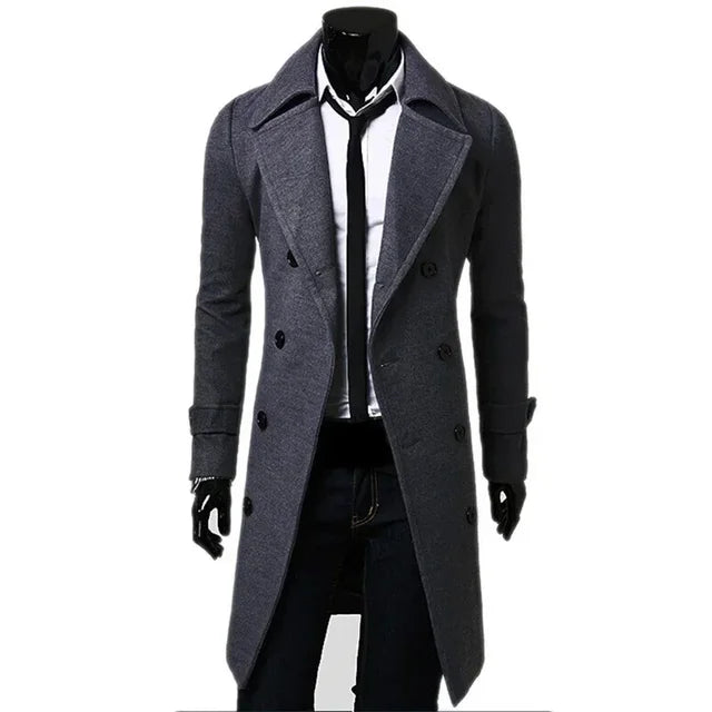 Mens Double Breasted Trench Coat Wool Blend 2023 Autumn Winter Solid Casual Slim Fit Long Jacket Wool Coat Fashion Mens Clothing