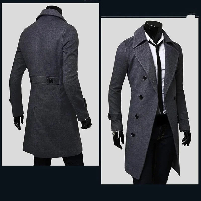 Mens Double Breasted Trench Coat Wool Blend 2023 Autumn Winter Solid Casual Slim Fit Long Jacket Wool Coat Fashion Mens Clothing