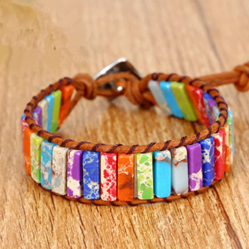 Milangirl Chakra Bracelet Jewelry Handmade Multi  Natural Stone Tube Beads Leather Wrap Bracelet Couples Bracelets Whole sale