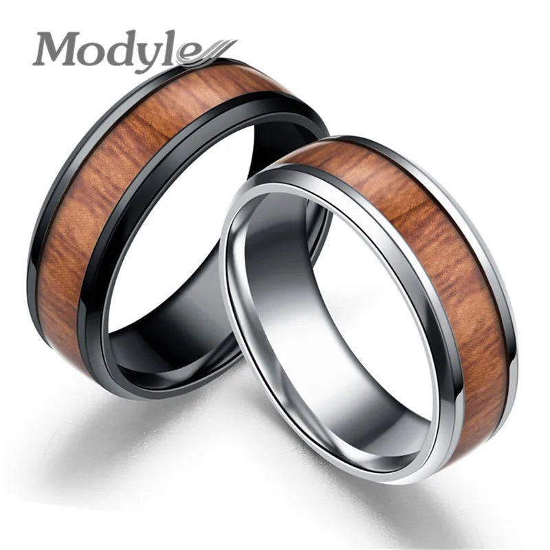 Modyle 2023New Punk Vintage Men Rings White Black Stainless Steel Wood Grain Fashion Women Rings Male Jewelry Gifts