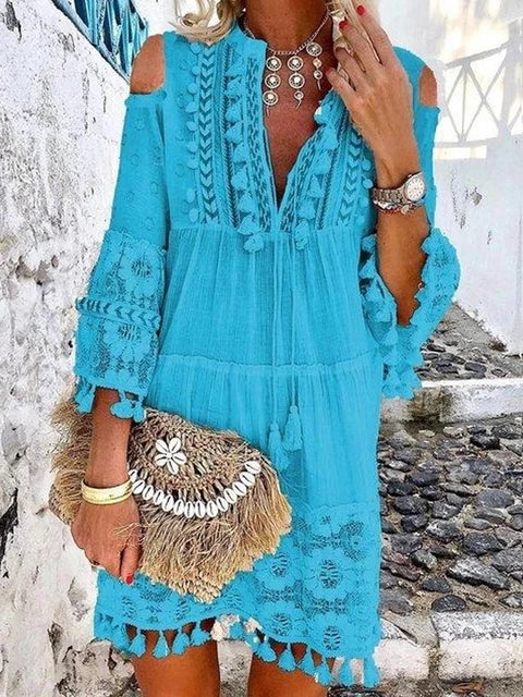 New Spring Embroidery Crochet Lace Boho Dress Women Elegant Off Shoulder Tassel Ruffle Mini Dress Summer V Neck Lady Beach Dress