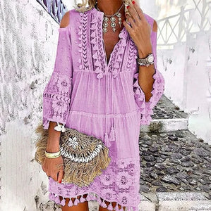 New Spring Embroidery Crochet Lace Boho Dress Women Elegant Off Shoulder Tassel Ruffle Mini Dress Summer V Neck Lady Beach Dress