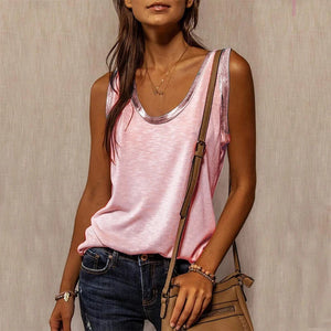 New Summer Contrast Stitching Women Tank Tops O Neck Sleeveless Shirt Women's Top Elegant Clothes Summer Loose Tops women 2024