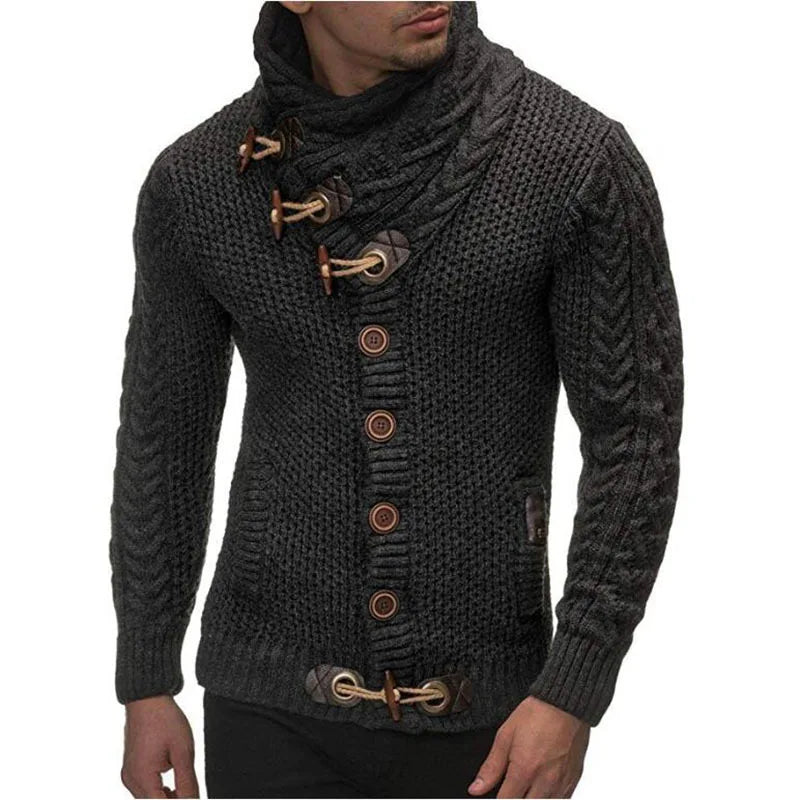 New Winter Men's High-neck Sweater Knitted Thick Wool Button Top Retro Slim Fit Clothing Personality Korean Fashion Men's Wear