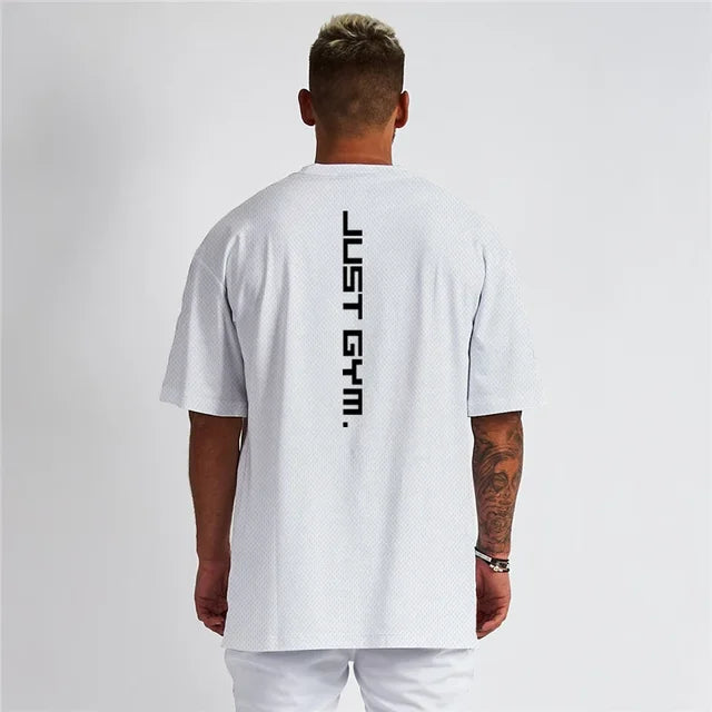 Oversized Loose Short Sleeve T-shirt Mens Mesh Dropped Shoulder Sportswear Fitness T Shirt Summer Gym Clothing Bodybuilding Tees