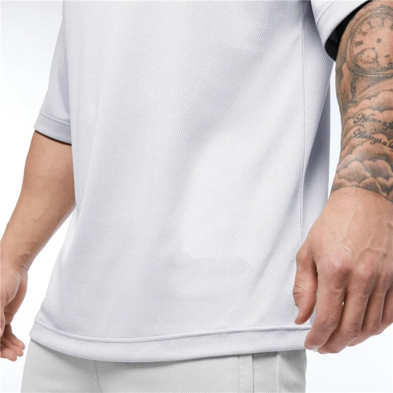 Oversized Loose Short Sleeve T-shirt Mens Mesh Dropped Shoulder Sportswear Fitness T Shirt Summer Gym Clothing Bodybuilding Tees