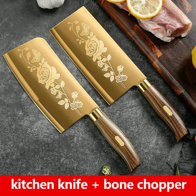 PLYS-Luxury Gold Kitchen Knife Set Stainless Steel Blade with Golden Titanium Plating Chef Knife Set for Kitchen