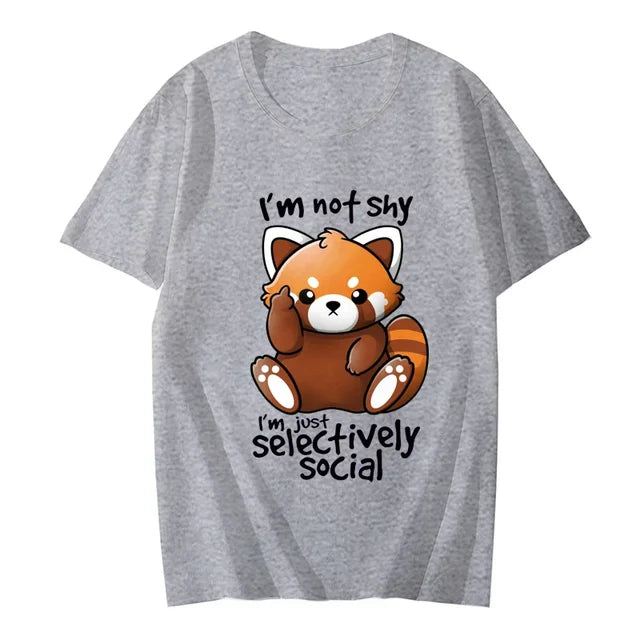 Shy Red Panda Print T-shirt for Women Clothes Chibi Animal Funny Cute Tshirt Short Sleeve Tee Tshirts Clothing Aesthetic Clothes