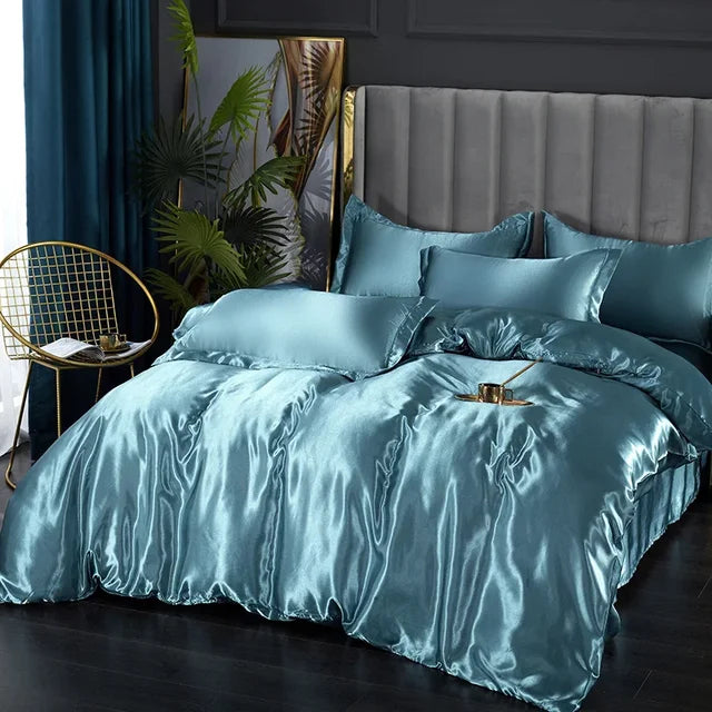 Silk Bedding Set with Duvet Cover Bed Sheet Pillowcase Luxury Satin Bedsheet Solid Color Double Single King Queen Full Twin Size