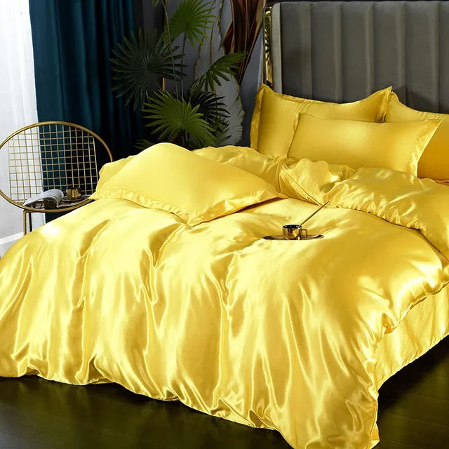 Silk Bedding Set with Duvet Cover Bed Sheet Pillowcase Luxury Satin Bedsheet Solid Color Double Single King Queen Full Twin Size