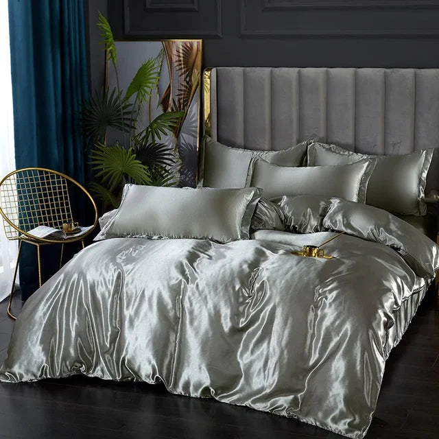 Silk Bedding Set with Duvet Cover Bed Sheet Pillowcase Luxury Satin Bedsheet Solid Color Double Single King Queen Full Twin Size