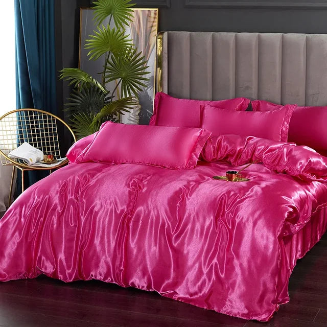 Silk Bedding Set with Duvet Cover Bed Sheet Pillowcase Luxury Satin Bedsheet Solid Color Double Single King Queen Full Twin Size