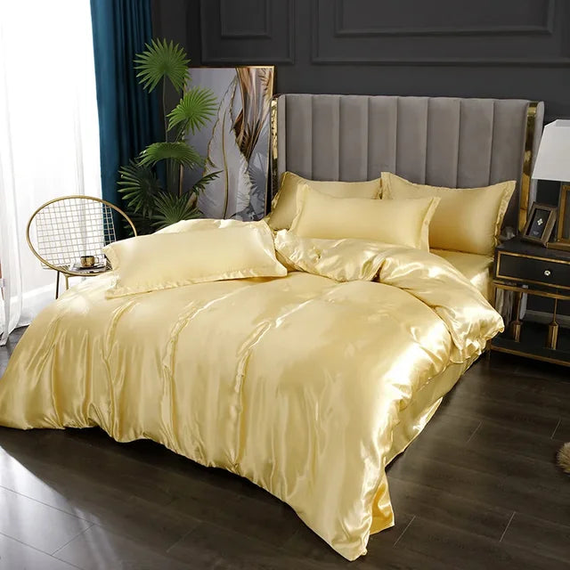 Silk Bedding Set with Duvet Cover Bed Sheet Pillowcase Luxury Satin Bedsheet Solid Color Double Single King Queen Full Twin Size