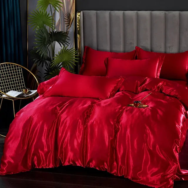 Silk Bedding Set with Duvet Cover Bed Sheet Pillowcase Luxury Satin Bedsheet Solid Color Double Single King Queen Full Twin Size