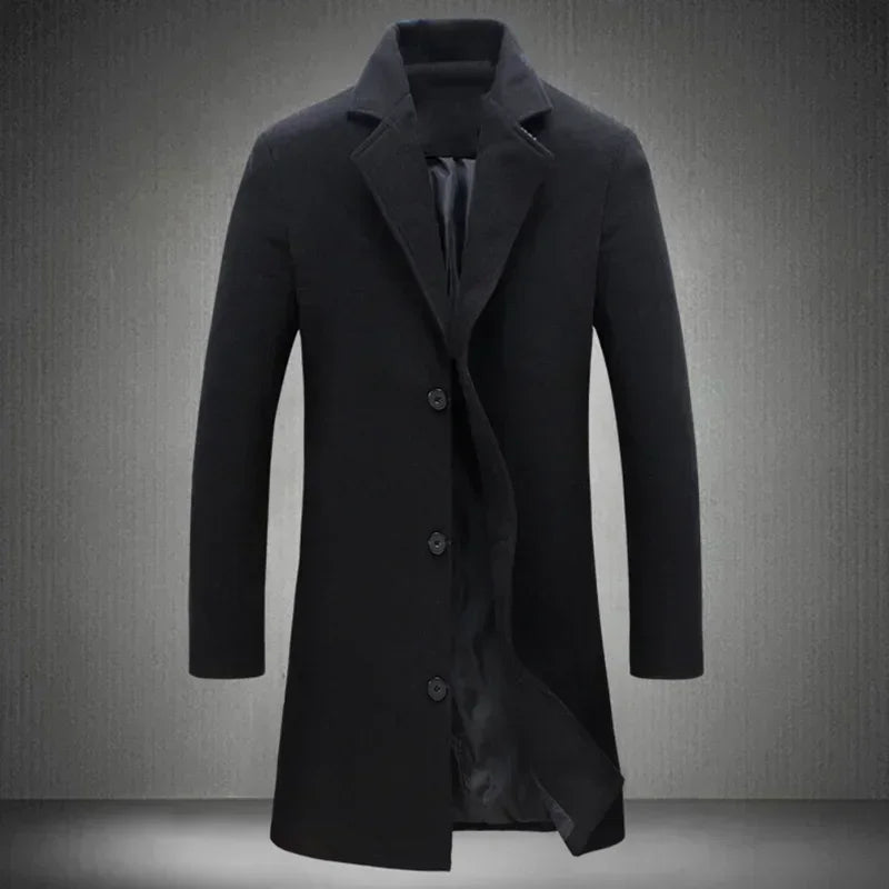 Single Breasted Lapel Long Coat Jacket Fashion Autumn Winter Casual Overcoat Plus Size Trench Men's Woolen Coats Solid Color