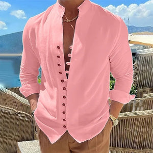 Spring and Summer 100% Cotton Linen Men's Long Sleeved Shirts Solid Color Stand Collar Casual T-shirt Plus Size Men's Clothing