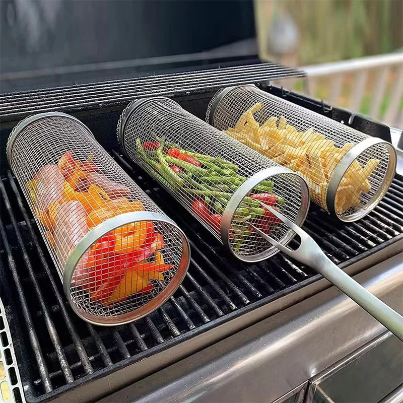 Stainless Steel BBQ Basket Barbecue Cooking Grill Grate Outdoor Camping BBQ Drum Grilling Basket Campfire Grid Picnic Cookware