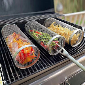 Stainless Steel BBQ Basket Barbecue Cooking Grill Grate Outdoor Camping BBQ Drum Grilling Basket Campfire Grid Picnic Cookware