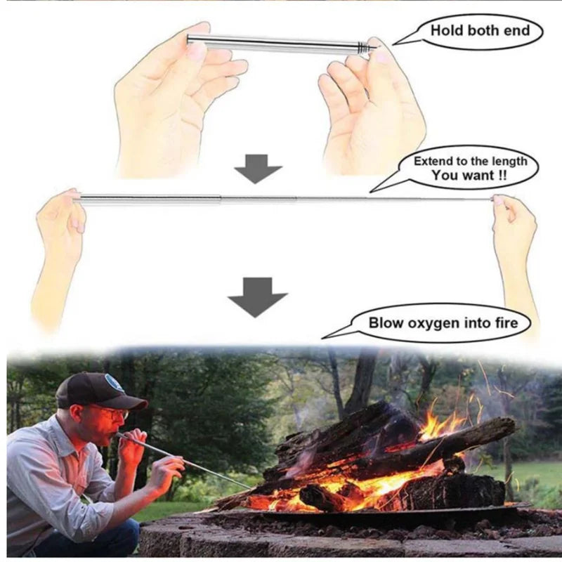 Stainless Steel Blowpipe Pocket Bellow Collapsible Air Blow Stick Campfire Fire Tool Outdoor Bushcraft Camping Hiking Cooking