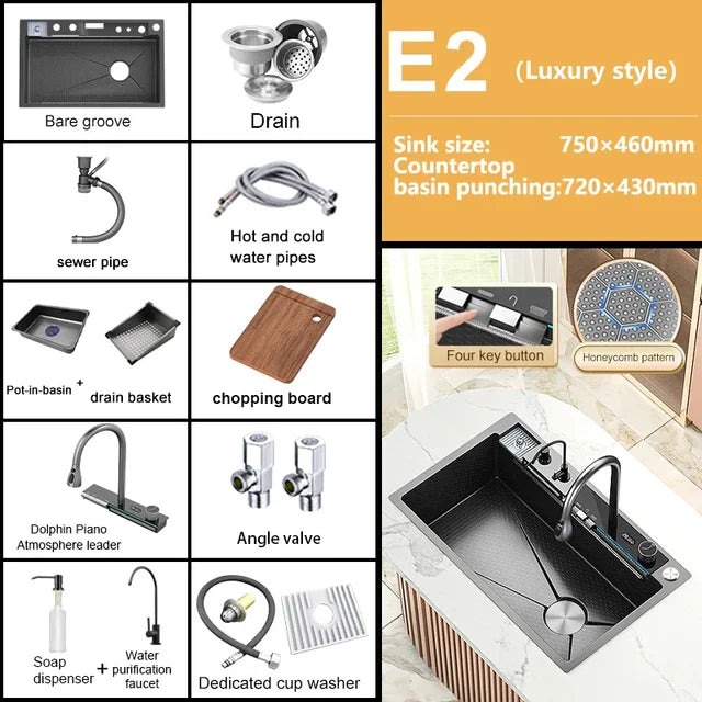 Stainless Steel Waterfall Kitchen Sink Large Single Slot Digital Display Faucet Set Multifunctional Wash Basin Washing Pool