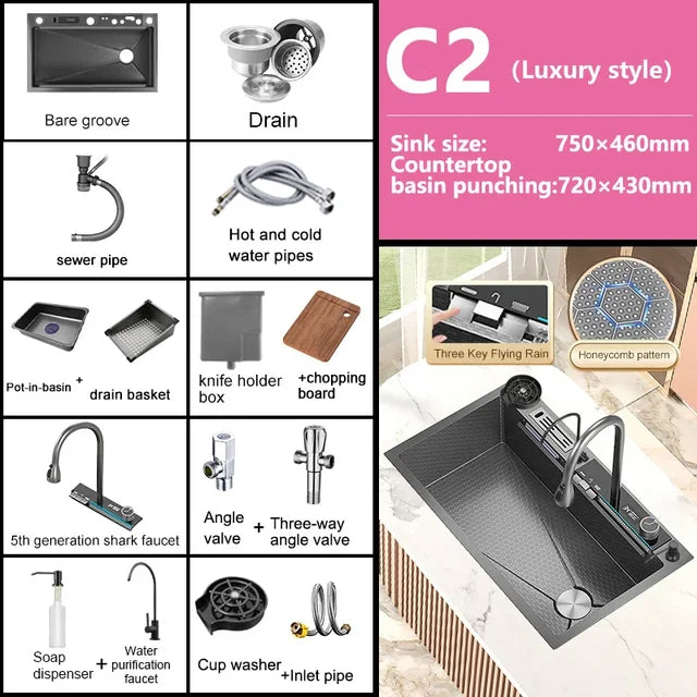 Stainless Steel Waterfall Kitchen Sink Large Single Slot Digital Display Faucet Set Multifunctional Wash Basin Washing Pool