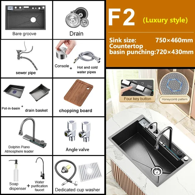 Stainless Steel Waterfall Kitchen Sink Large Single Slot Digital Display Faucet Set Multifunctional Wash Basin Washing Pool