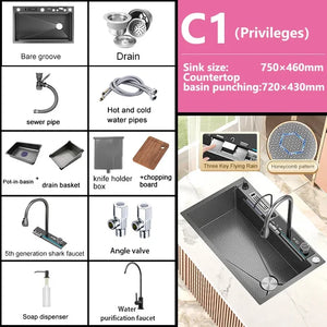 Stainless Steel Waterfall Kitchen Sink Large Single Slot Digital Display Faucet Set Multifunctional Wash Basin Washing Pool