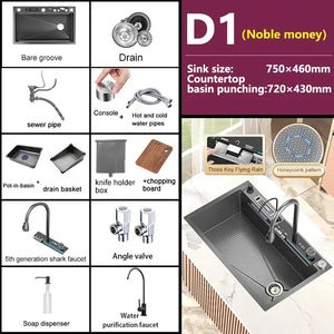 Stainless Steel Waterfall Kitchen Sink Large Single Slot Digital Display Faucet Set Multifunctional Wash Basin Washing Pool