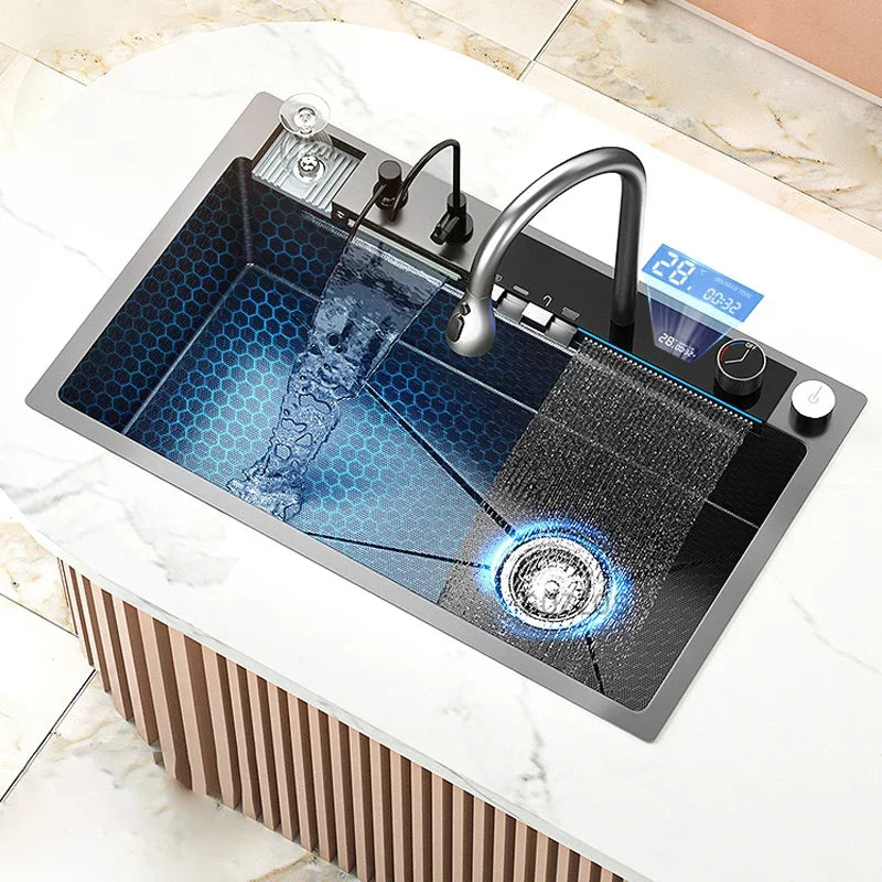 Stainless Steel Waterfall Kitchen Sink Large Single Slot Digital Display Faucet Set Multifunctional Wash Basin Washing Pool