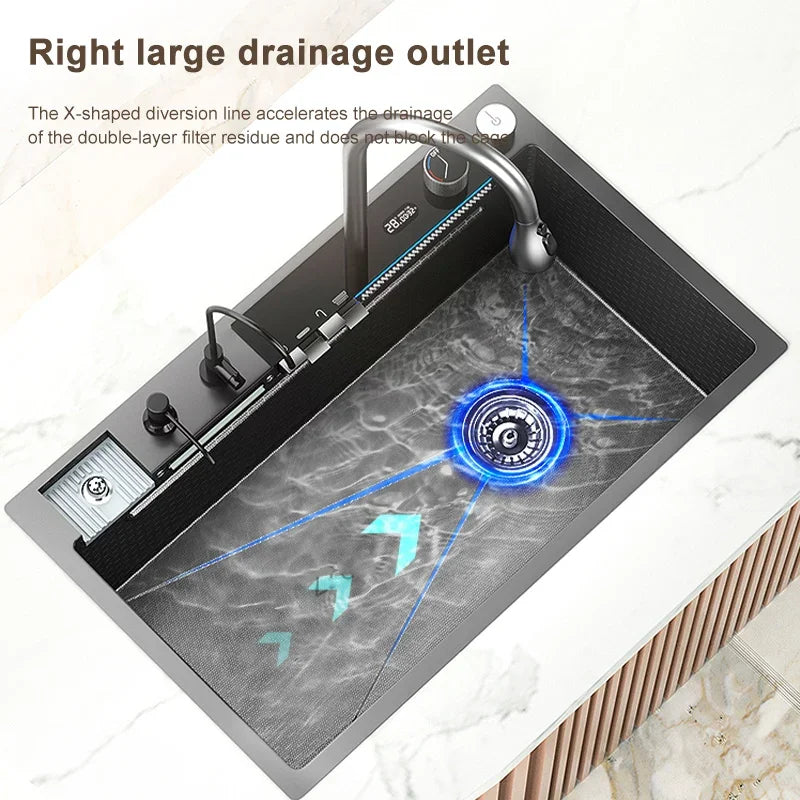 Stainless Steel Waterfall Kitchen Sink Large Single Slot Digital Display Faucet Set Multifunctional Wash Basin Washing Pool